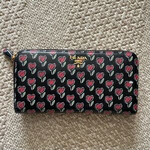 Prada Black Wallet with Red Heart Pattern